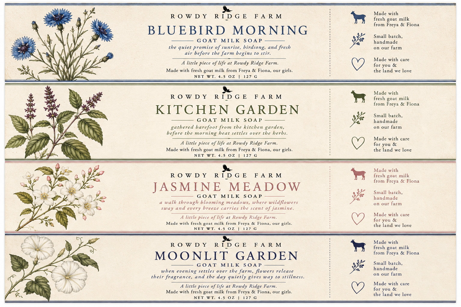 Rowdy Ridge Farm goat milk soap label collection — Bluebird Morning, Kitchen Garden, Jasmine Meadow, and Moonlit Garden